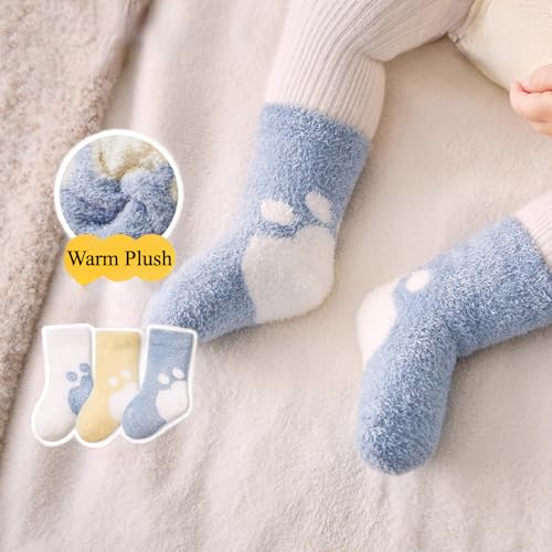 3 Pairs Cute Coral Fleece Baby Socks for Winter, Bear Paw Extra Thick Warm Newborn Mid Calf Floor Walking Socks2