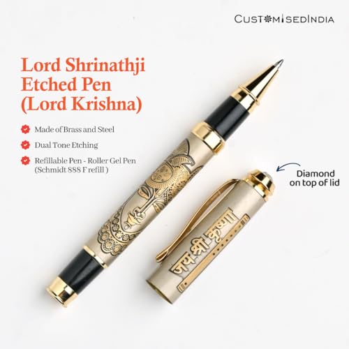 Image of Lord Shrinathji Etched Pen - Premium Brass Roller Pen with Divine Krishna Engraving & Gold Finish