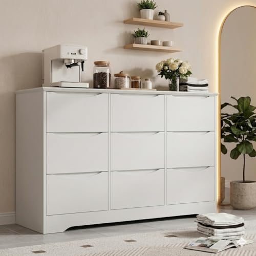 GarveeHome Wooden Dresser with 9 Drawers, Tall Modern Closet with Deep Storage, Large Chest of Drawers with Wide Top, Long Storage Dresser for Bedroom, Living Room, Hallway, Kids Room, White
