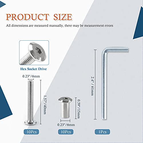 Jersvimc 10 Pair(20 Piece) M6x40mm Hex Drive Socket Cap Bolt with Allen Wrench, Silver Furniture Connector Bolts M6 Countersunk Screw Barrel Nuts Binding Screws for Crib Replacement Belt Cabinet