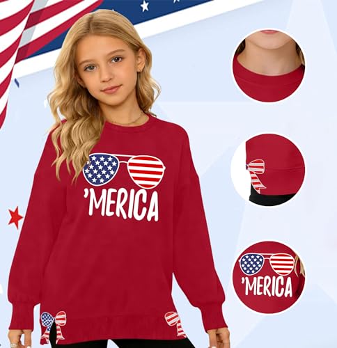 Image of Ithalt Kids USA Sweatshirt Boys Girls 4th of July Shirt American Patriotic Pullover with Embroidered Side Slits 5-14y