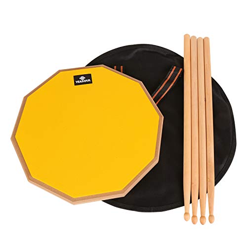 12 inch drum pad,double sided drum pads,snare drum pad with drumsticks and storage bag for drum practice beginner (12\'\', Yellow)