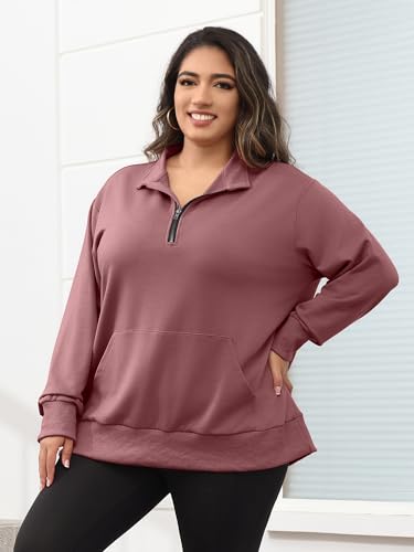 TAKEYAL Womens Quarter Zip Sweatshirt Pockets Oversized Drop Shoulder Crewneck 2023 Fall Clothes (Dark Pink, 5XL)