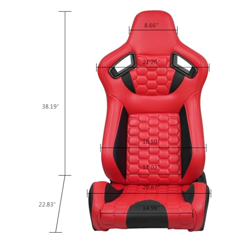 Image of IKON MOTORSPORTS, Universal Racing Seats with Dual Sliders, Reclinable Red & Black PU + Carbon Leather with Hexagonal Quilting Sport Bucket Seats, 1 Pair Driver + Passenger Side