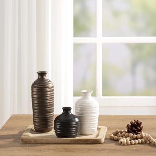 Ceramic Vase Set of 3 Neutral Decorative Vase for Farmhouse, Boho, or Rustic Home Decor Pottery Vases for Living Room Bathroom Table Mantel Fireplace Entryway Shelf (01-Metallic)