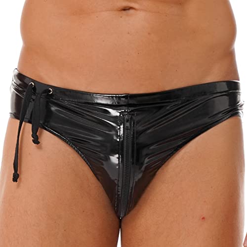 Linjinx Men's Latex Lingerie Underwear Drawstring Low Waist Zipper Briefs Clubwear Underpants