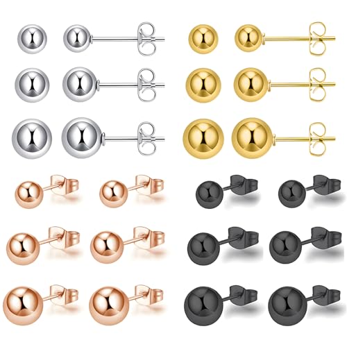 12Pairs 20G Mix Color Stainless Steel Ball Stud Earrings for Men Women Minimalist Sphere Cartilage Piercing Studs Earrings,Ball Hypoallergenic Jewelry,Mini Ball Earrings