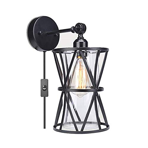 Aplique de pared industrial retro E27 iluminación ajustable de hierro y vidrio con enchufe