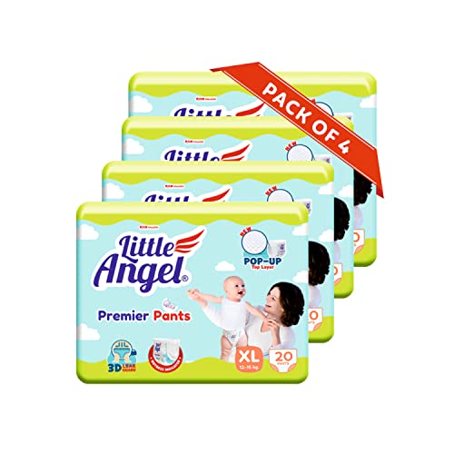 Image of Little Angel Premier Pants Baby Diapers, Extra Large (XL) Size, 80 Count, Cottony Soft Material, Breathable, Extra Dry Core, Stretchable Sides, Pack of 4, 20 count /pack, 12-15 kgs