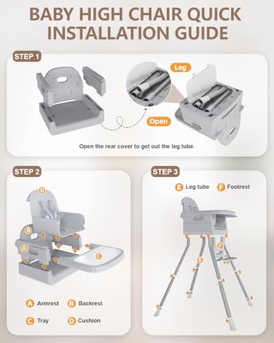 Image of Baby High Chair for 6 Months+, Foldable High Chairs for Babies and Toddlers, Convertible High Chair, Adjustable Tray & Footrest, Portable High Chair & Easy to Clean(Gray)