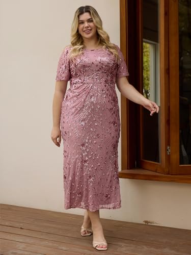 Image of Ever-Pretty Plus Women's Short Sleeves Bodycon Sequin Ball Gown Maxi Plus Size Formal Evening Dresses Vestidos De Fiesta