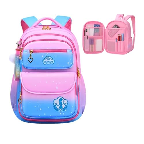 Mochila Escolar Infantil, Design Tie-Dye Rosa e Azul, com Organizadores Internos, Ideal para Meninas 7-13 Anos (AZUL COM ROSA)
