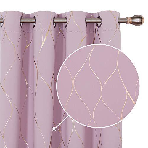 Deconovo Lot de 2 Rideau à Oeillets Motifs Ligne Doré Rideaux Occultant Enfant Thermique Anti Froids Isolation 117x138cm Rose Pale