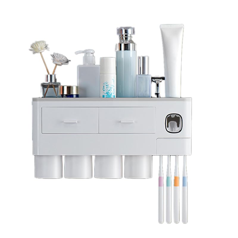 lyrlody Portaspazzolino da Parete Portaspazzolino Magnetico in Plastica con Dispenser per Dentifricio 4 Tazze Capovolte Cassetto Portaoggetti per Bancone del Bagno Uso a Parete da Parte della