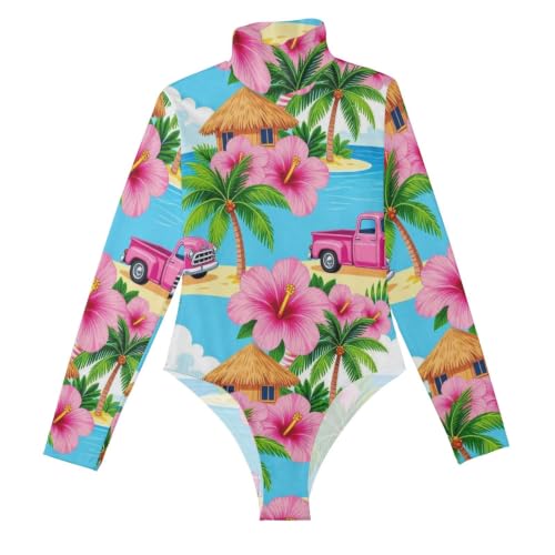 Body de manga larga para mujer con estampado de hibisco y cuello alto