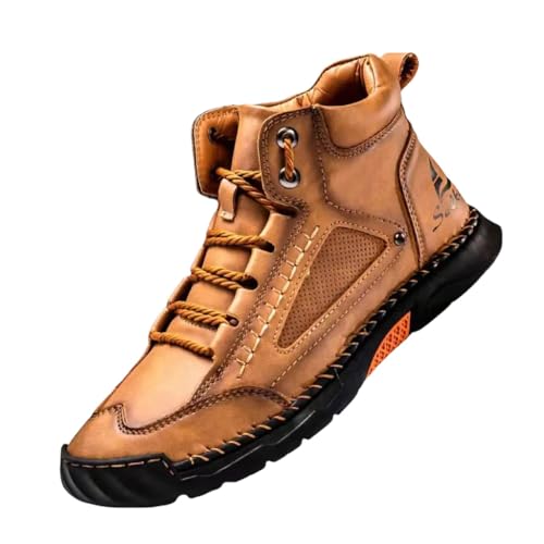 Clolinde Large Size Men's PU Leather Boots, Fashion Hand-Stitched Ankle Boots, Flat Sole Lace-Up Casual Shoes, Comfortable Lightweight Walking Booties for Men (yellow brown,14)