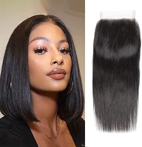 Lace Closure 4X4 Straight Human Hair Closure 12A Brazilian Virgin Hair Swiss Lace Closure Natural Black Machine Made Closure (8Inch,free Part)