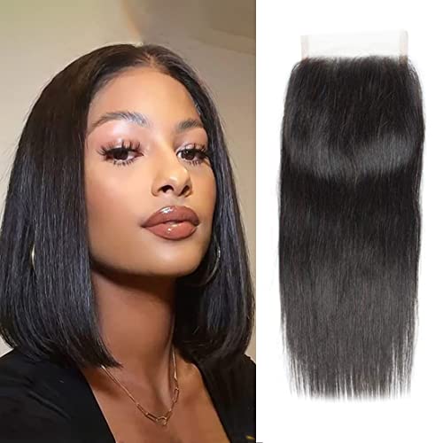 Lace Closure 4X4 Straight Human Hair Closure 12A Brazilian Virgin Hair Swiss Lace Closure Natural Black Machine Made Closure (8Inch,Free Part) #TOP17