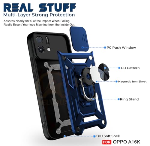 Image of Armor Bumper Back Cover Case for Oppo A16K | Rotating Camera Cover, Ring Holder & Kickstand | Heavy Duty & 360 Degree Protection Oppo A16K Back Cover (Blue)