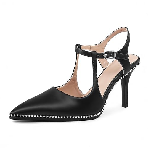 Image of SAMMITOP Womens High Heels Ankle Strap Pointed Toe Stilettos Patent Leather Beaded Pumps Dress Shoes 3.5 Inch