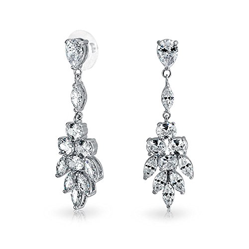 Bridal Teardrop Marquise Cluster Cubic Zirconia CZ Prom Pageant Statement Dangle Earrings For Women Silver Plated Brass