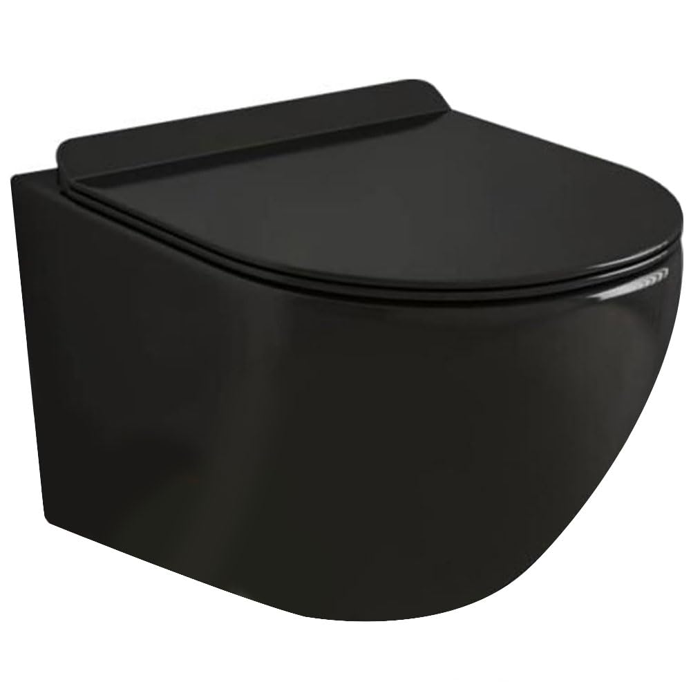 Inodoro suspendido - Cerámica - Sin bridas - Negro brillo - Soft-close - Tapa extra fina - Diseño elegante y moderno