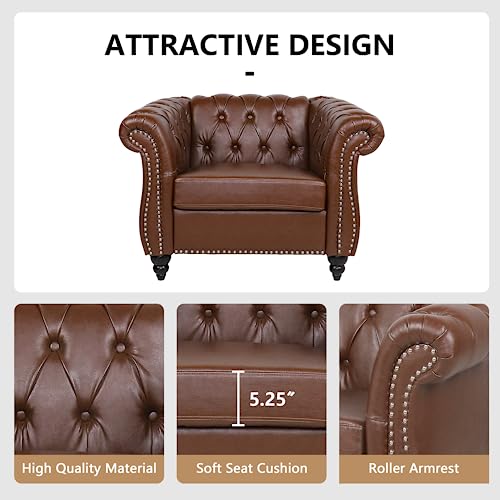 Image of QHITTY Chesterfield Chair Accent Chair, Modern Leather Upholstered Sofa Chair with Tufted Back for Living Room Furniture (Dark Brown)