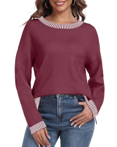 PrinStory Pullover Damen Strickpullover Langarm Rundhals Elegant Lässig Sweatshirt Warm Damen Winter Pullis Strickwaren (Weinrot, S)