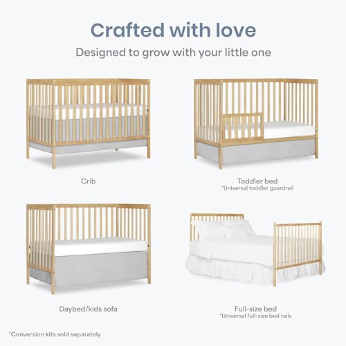 Image of Dream On Me Synergy 5-in-1 Crib, Toddler Bed in Natural | BSA Verified, ASTM & CPSC Tested, 3-Position Mattress Support, Converts to Toddler, Day and Full Size Bed, 50 Lb, Natural