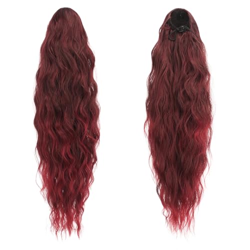 FESHFEN Long Curly Wavy Drawstring Ponytail Extensions Clip in Wavy Synthetic Hairpieces Black and Burgundy Tips Drawstring Ponytail Curly Hair Piece Pony Tail Extension for Women 26 inch - Image 2
