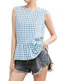 IDEALSANXUN Gingham Tank Tops for Women 2025 Spring Summer Crewneck Cute Ruffle Sleeveless Plaid Shirts Blouse Vest Top, Blue, M