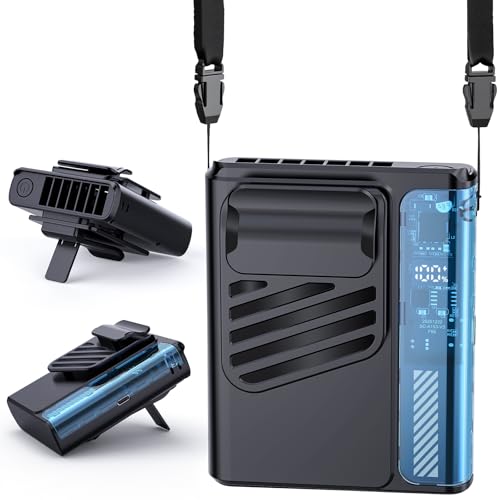 UIONVO Tragbarer Taillen Clip Ventilator - 4000mAH Schwarz Aufladbar 10000RPM Tshirt Ventilator mit LED-Display 5 Gebläsestufe Clip Halsventilator für Büro Camping Outdoor und Sommerreisen