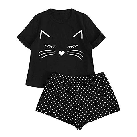 Bystar Women Pyjamas Set Summer Home Wear Cute T Shirt Tops Shorts PJS Sleepwear Teen Girls Black Cover