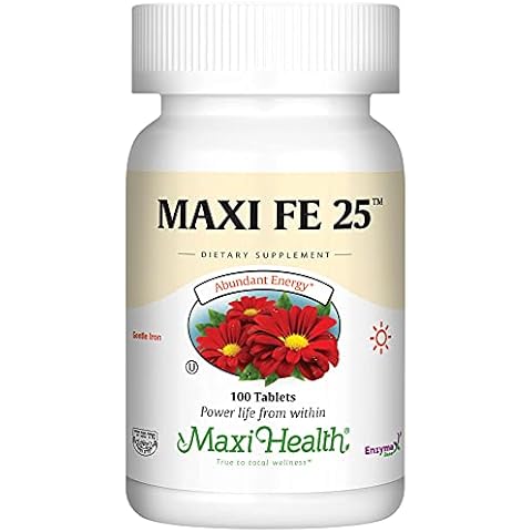 Maxi Health Iron Supplement for Women & Men - Gentle Iron 25 mg for the Stomach - Non Constipating* Iron Pills - Kosher - Non GMO - Vegetarian (100 Tablets) Cover