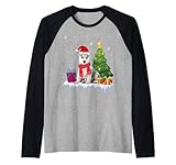 siberian husky cucciolo natale luci albero neve divertente maglia con maniche raglan