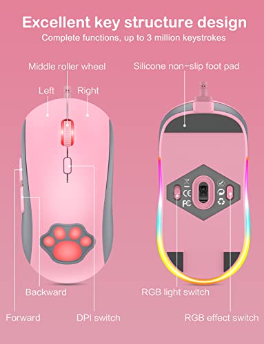 PHNIXGAM Cat Paw RGB Gaming Mouse, Silent Optical Computer Mice USB Wired with 6 Adjustable DPI Up to 7200, RGB Lighting, 6 Programmable Buttons for Windows/Vista/Linux (Pink) - Image 6