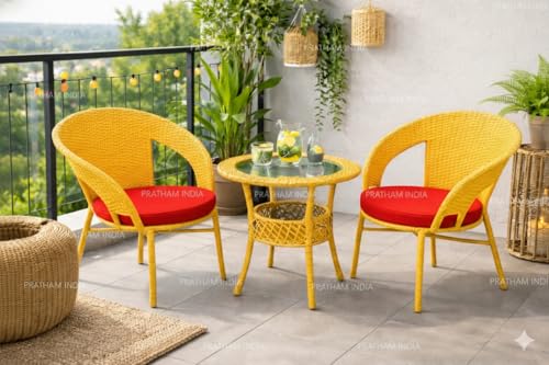Image of India Garden Patio Seating Chair and Table Set Outdoor Balcony Garden Coffee Table Set Furniture with Table and Chairs Set (Honey with Red Cushion 2+1)