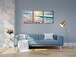 Pyradecor 3 Panneaux Blue Beach Sunrise White Wave Images Peinture sur toile Mur Art moderne Échelle et encadrée paysage de mer Giclee Canvas Imprimés Vue sur la mer Paysage Artwork pour la maison Bureau Décorations