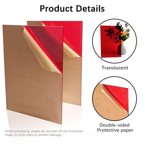 Image of Red Acrylic Sheets 8 * 12 inch 1 /8 inch Thick (2.8~3mm) Red Transparent Cast Acrylic Plexiglass Board for Sign, DIY Project, Laser Cutting, Wedding, Craft, Picture Frame, Engraving(2 Pieces)