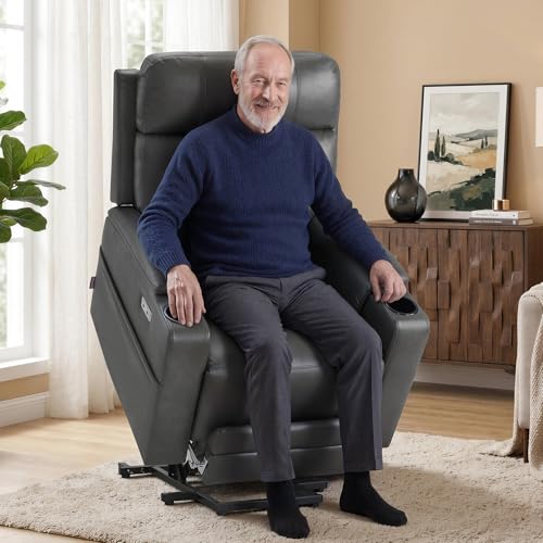 Image of MCombo Lift Chair for Tall Man 6'6'', Dual Motor Power Lift Recliner Chair for Elderly, Lay Flat for Sleeping, Heat and Massage, USB & Type C, Faux Leather 7755 (Grey)