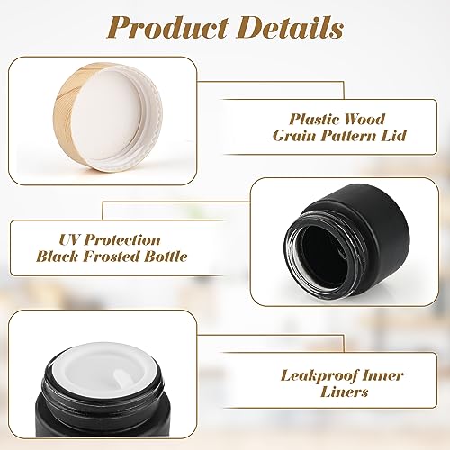 12 Pack 10g/0.34oz Frosted Glass Cream Jar Empty Sample Storage Jars Cosmetic Container Pot with Plastic Wood Grain Pattern Lid for Face Cream Lotion Eye Shadow - Black3