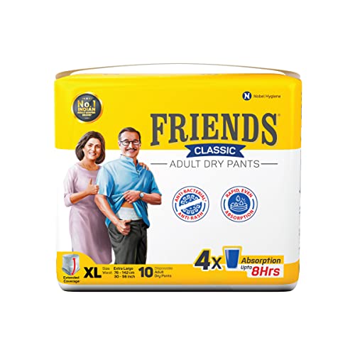 Friends Classic Adult Diaper XL Size Pants | 10 Count (Extra Large) | Waist 30-56 inch | Unisex | Leakproof | Quick & Even Absorption | Long Protection hours | Brief-Like Fit | Odour Lock | Elastic Waist & Anti-Bacterial Absorbent Core