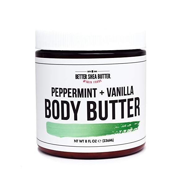 Peppermint-Vanilla-Whipped-Body-Butter-Hydrating-Cream-for-Dry-Skin-with-Shea-Butter-Scented-with-100-Pure-Essential-Oils-Paraben-Free-Non-Greasy-No-Synthetic-Fragrances-8-oz Better Shea Butter Whipped Body Butter for Women - PEPPERMINT VANILLA Body Lotion - Whipped Body Cream for Dry Skin - Paraben-Free, Non-Greasy Body Cream - Vanilla Peppermint Body Butter 8 oz