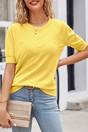Newshows Womens 2023 Trendy Summer Short Sleeve Sweaters Tops Casual Lightweight Crew Neck Stretch Soft Knit Pullover (A1-Yellow,Medium) #TOP3
