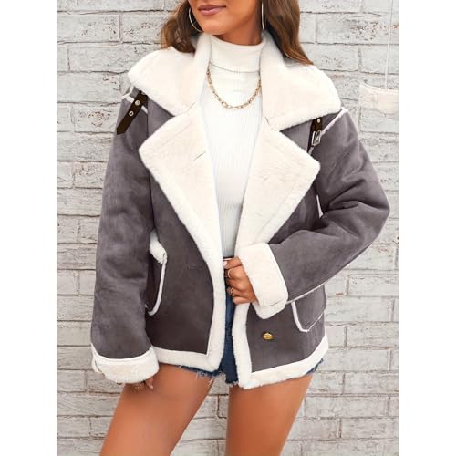 Womens Faux Fur Sherpa-Lined Jackets Fuzzy Fleece Lapel Long Sleeve Coat Suede Jacket Sherpa Lined Leather Winter4