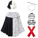 【Conjunto completo】Este traje de Cruella para mujer incluye todo lo necesario para una entrada exitosa: una capa de lunares blancos y negros, una peluca bicolor, un portacigarrillos decorativo, un collar, una máscara para los ojos y un par de guantes. ¡No más búsqueda de piezas por separado!