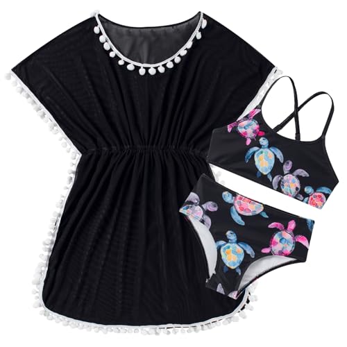 Image of Goodstoworld 7-12Y Girls 3 Piece Cover Up Swimsuit Hawaiian Bikini Bathing Suit with Pompom Tassel