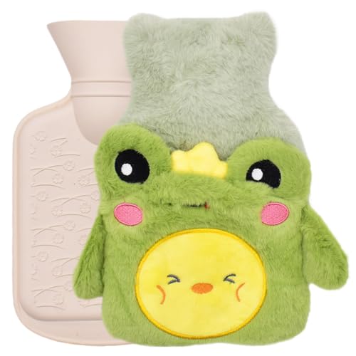 Bolsa de Agua Caliente de Rana, 500 ml Botellas de Agua Caliente con Suave Felpa Funda, Botella de Agua Caliente de Dibujos Animados de Rana Extraíble y Lavable Calidez Duradera para Niños y Adultos