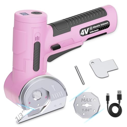 Image of Upgraded Cordless Electric Scissors, Wider Opening with Large 1.84 inchTungsten Blade, 1 /3 inch Max Cutting & LED Display, 320RPM, Heavy-Duty Rotary Cutter for Cardboard, Fabric, Leather & DIY - Pink