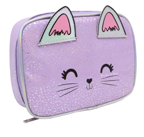 Estojo Escolar Box Porta Lapis 100 Pens, Gatinho, Laterais Estruturadas Forrado, 21x19x6cm, Lilás